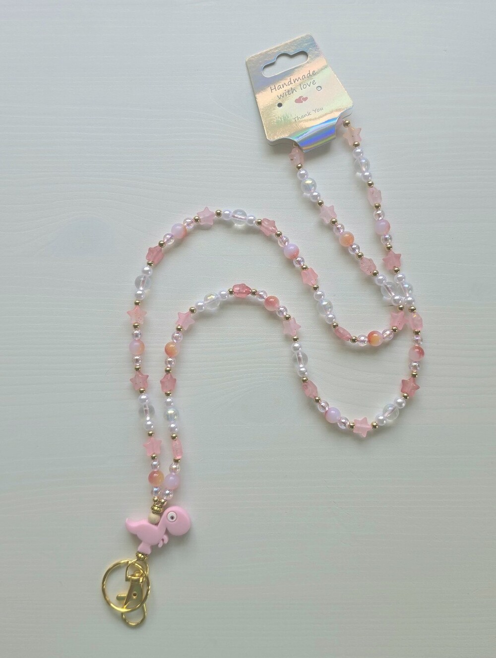 Handmade Pink And Gold Lanyard with Cute Dinosaur